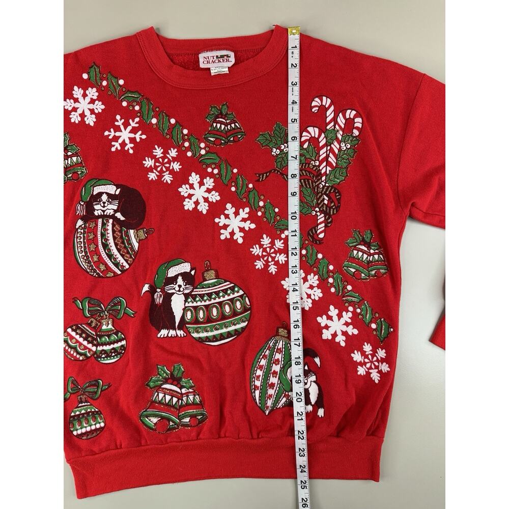 Vintage NutCracker Ugly Christmas Sweater M Red Cats Ornaments Glitter USA Made - Picture 6 of 9